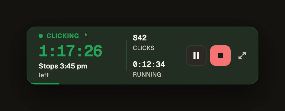 Green Dotter's compact bar while clicking, dark theme: 1:17:26 left, Stops 3:45 pm, 842 clicks so far, with pause and stop buttons and an expand button
