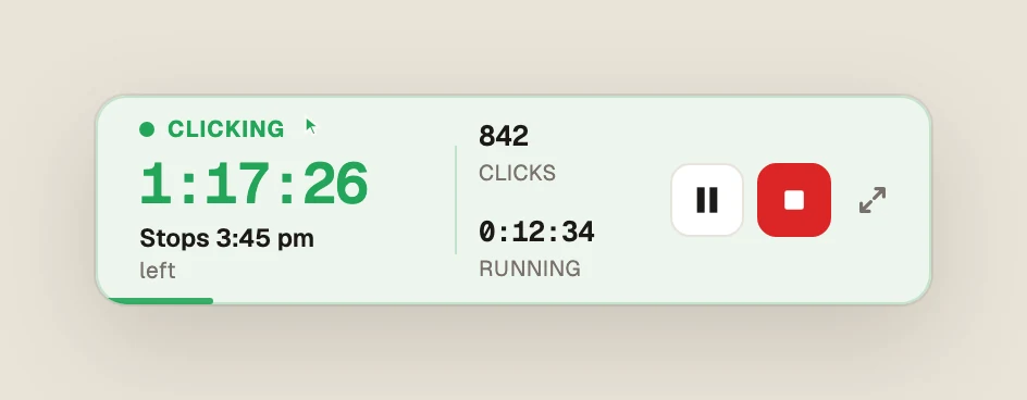 Green Dotter's compact bar while clicking, light theme: 1:17:26 left, Stops 3:45 pm, 842 clicks so far, with pause and stop buttons and an expand button