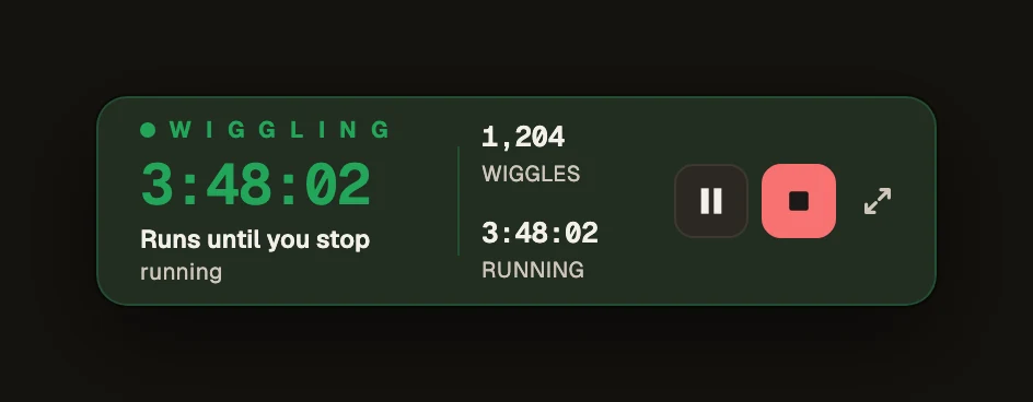 Green Dotter's compact bar while wiggling with no limit, dark theme: 3:48:02 running, Runs until you stop, 1,204 wiggles so far