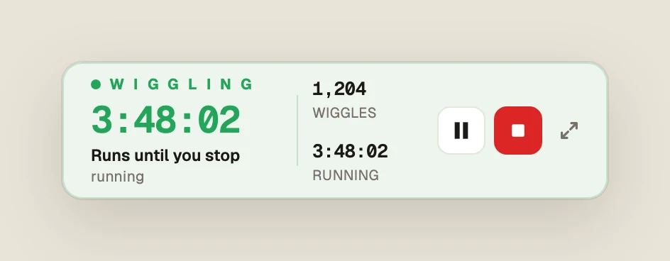 Green Dotter's compact bar while wiggling with no limit, light theme: 3:48:02 running, Runs until you stop, 1,204 wiggles so far