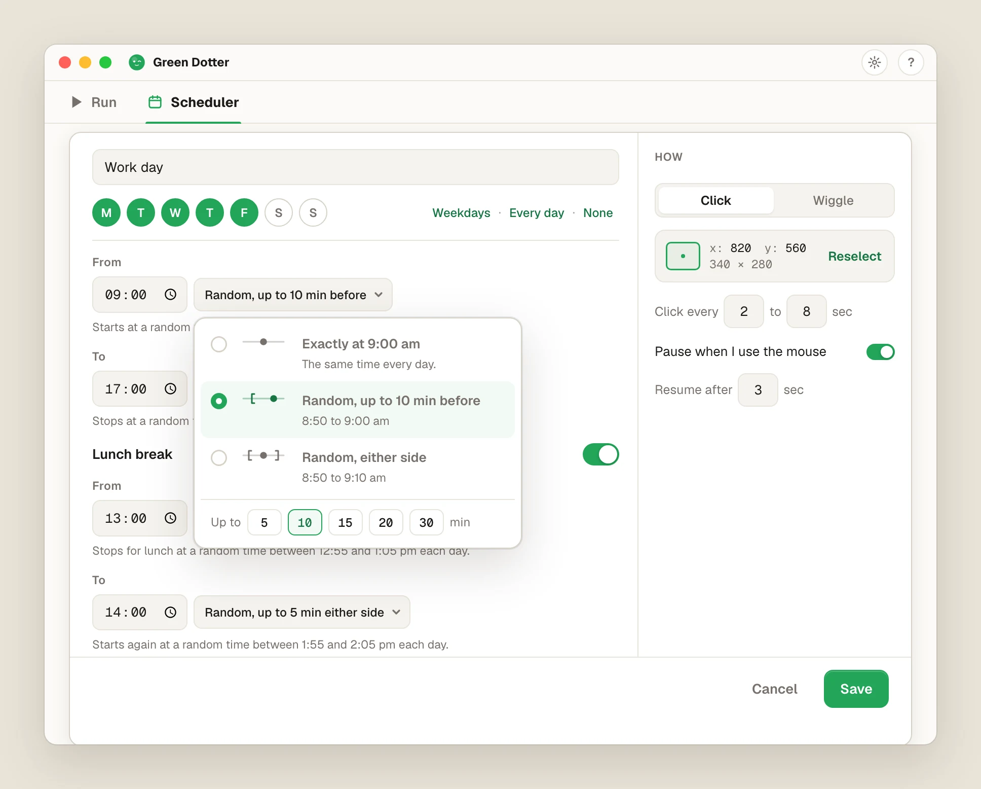 Green Dotter's block editor with the time picker open, light theme: Random, up to 10 min before is selected for the 9:00 start, next to Exactly at 9:00 am and Random, either side, with 5, 10, 15, 20 and 30 minute steps