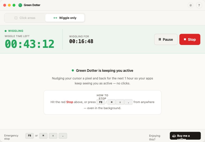 Green Dotter in Wiggle only mode, running — a wiggle countdown that keeps you active with no clicking