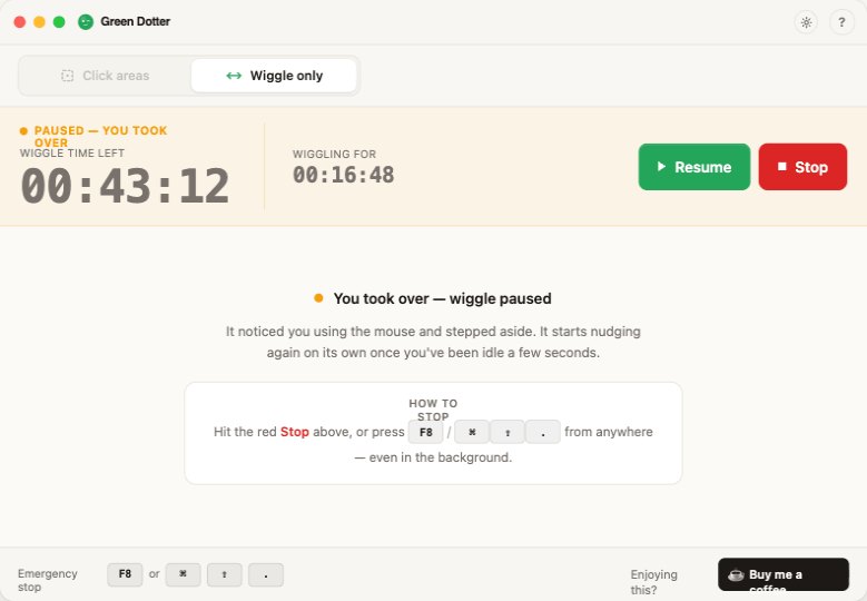 Green Dotter in Wiggle only mode, auto-paused — amber you-took-over status with Resume and Stop