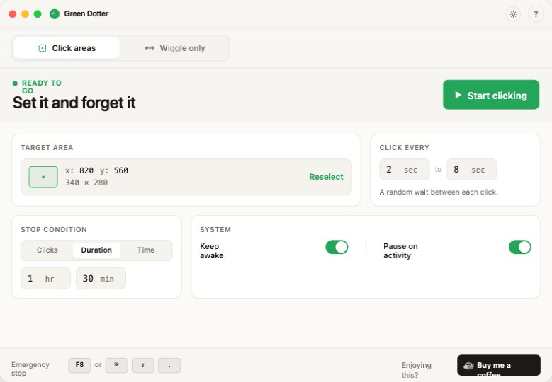 Green Dotter in Click areas mode, idle — target area, click interval, stop condition, and system cards