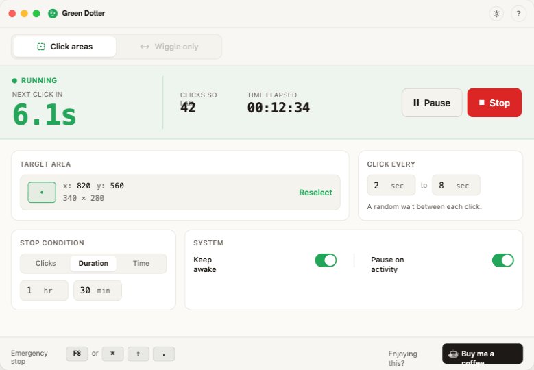 Green Dotter in Click areas mode, running — green status bar with next-click countdown, click count, and elapsed time
