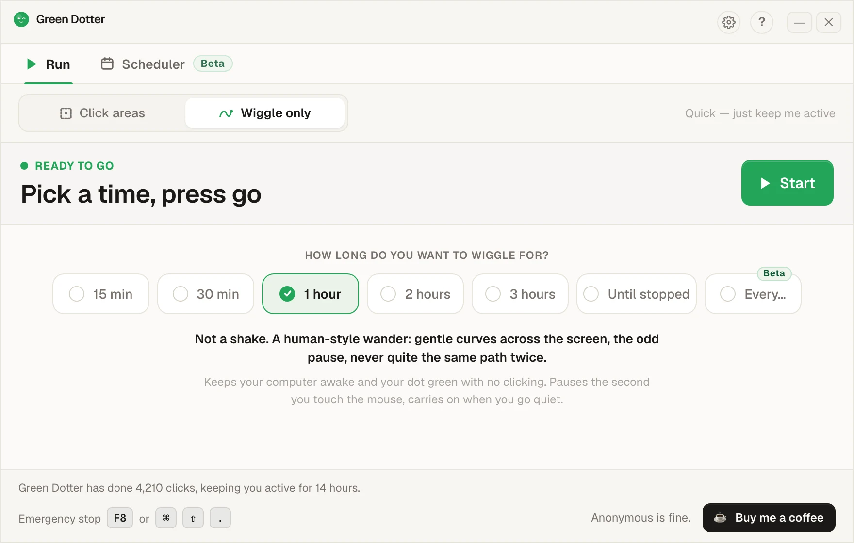 Green Dotter's main screen set to Wiggle only. A row of options offers 15 min, 30 min, 1 hour, 2 hours, 3 hours, Until stopped and Every, with 1 hour chosen, and a green Start button.