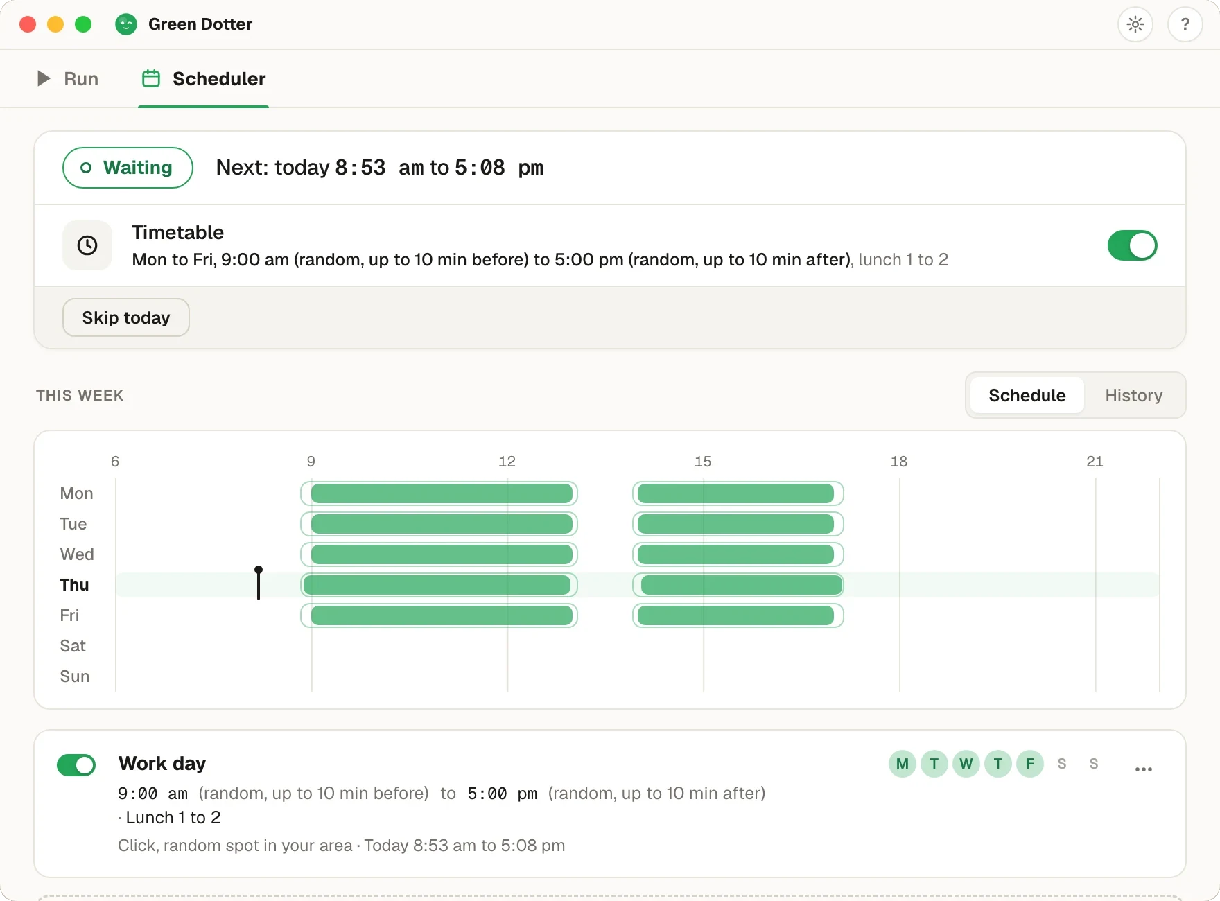 Green Dotter's Scheduler tab. Status Waiting, next run today 8:53 am to 5:08 pm. A Timetable for Monday to Friday, 9:00 am to 5:00 pm with random starts up to 10 minutes before and stops up to 10 minutes after, lunch 1 to 2. Below, a week strip with green bars on each weekday and a gap at lunch.
